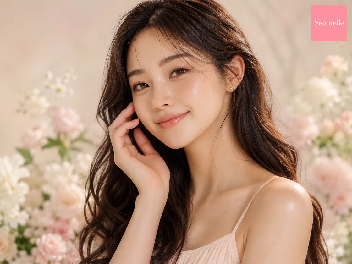 Seourelle model with a soft natural glow surrounded by pastel florals